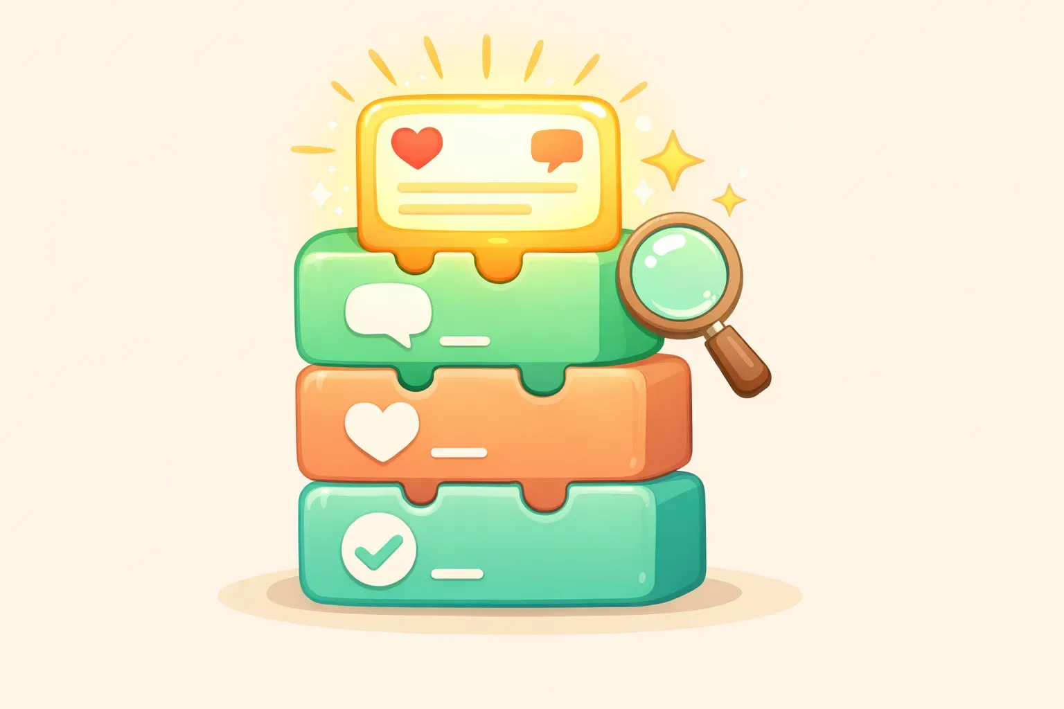 Illustration of a LinkedIn post built from stacked building blocks with a glowing hook at the top