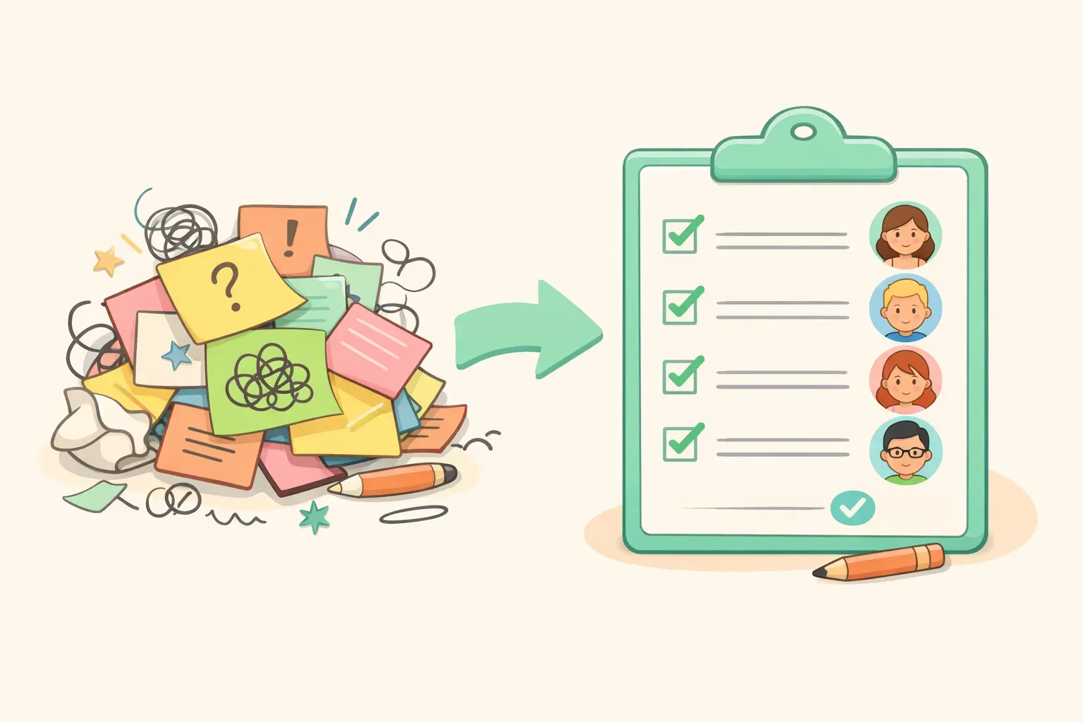 Cartoon of messy meeting notes on the left transforming into a tidy checklist with assigned owners on the right
