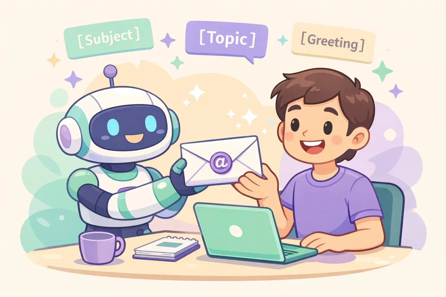Cartoon robot assistant handing a polished email envelope to a smiling person, with floating prompt cards showing placeholder brackets