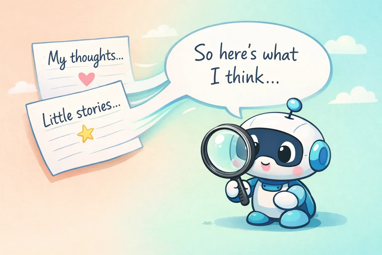 Two handwritten note cards flowing into a single speech bubble, with a small robot reading them, illustrating teaching AI your personal writing voice