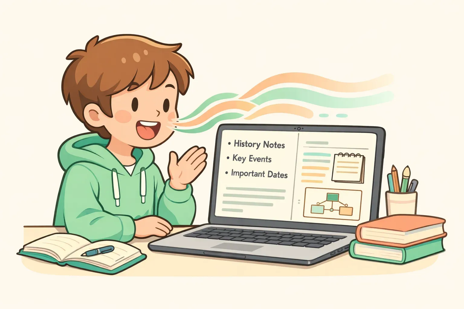 Cartoon illustration of a student speaking into a laptop with sound waves turning into neat lines of text and study notes