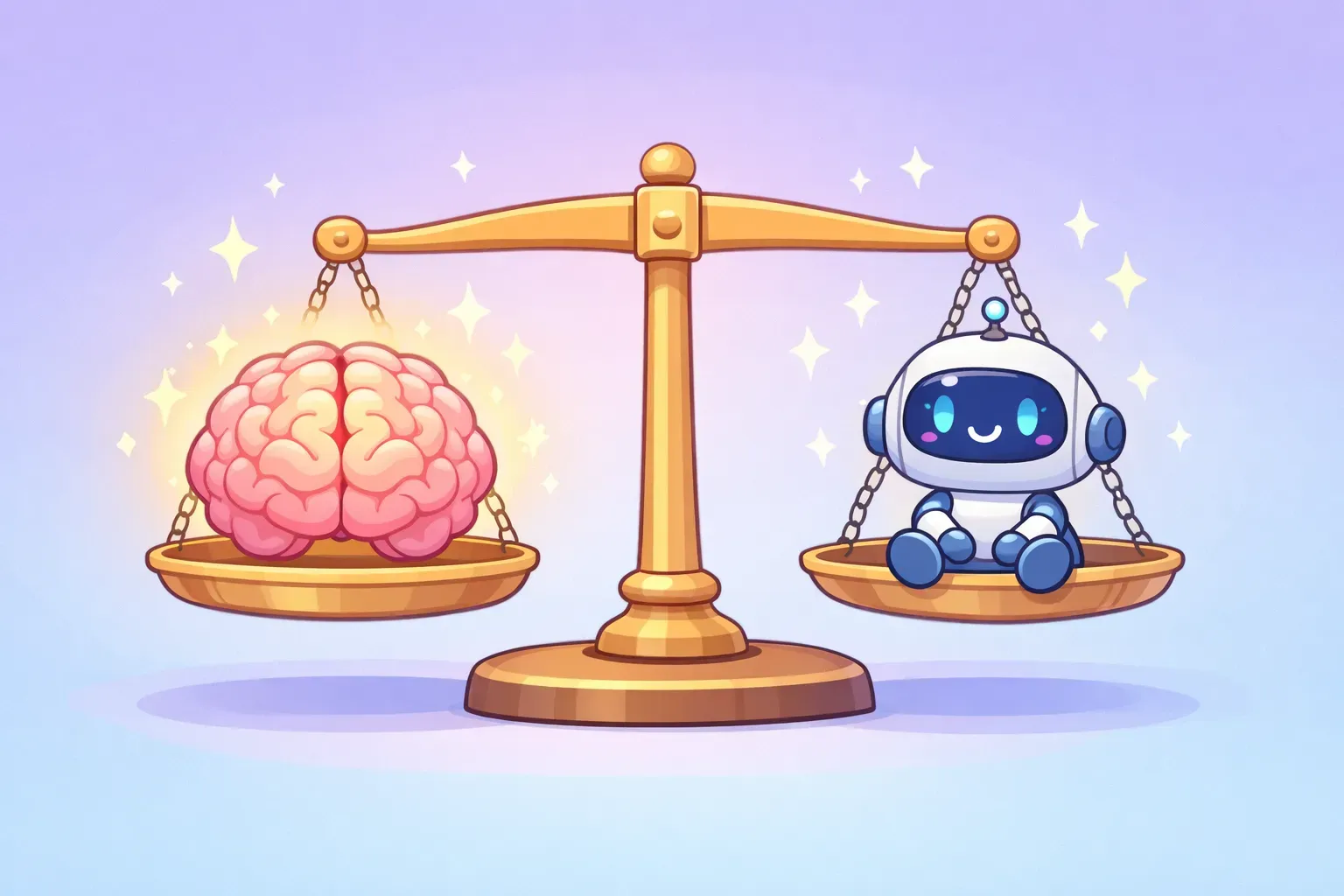 Cartoon illustration of a balance scale weighing a brain on one side and a robot helper on the other, in soft pastel colors