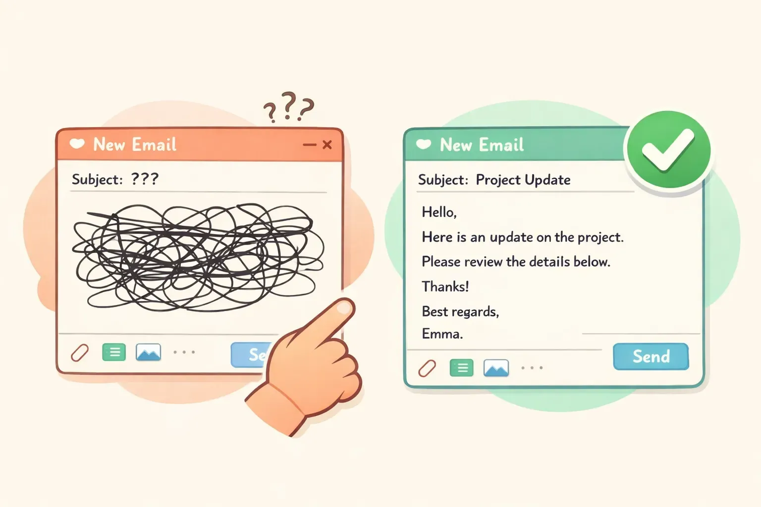 A messy tangled email draft next to a clean tidy email with a green checkmark, illustrating AI cleaning up an email