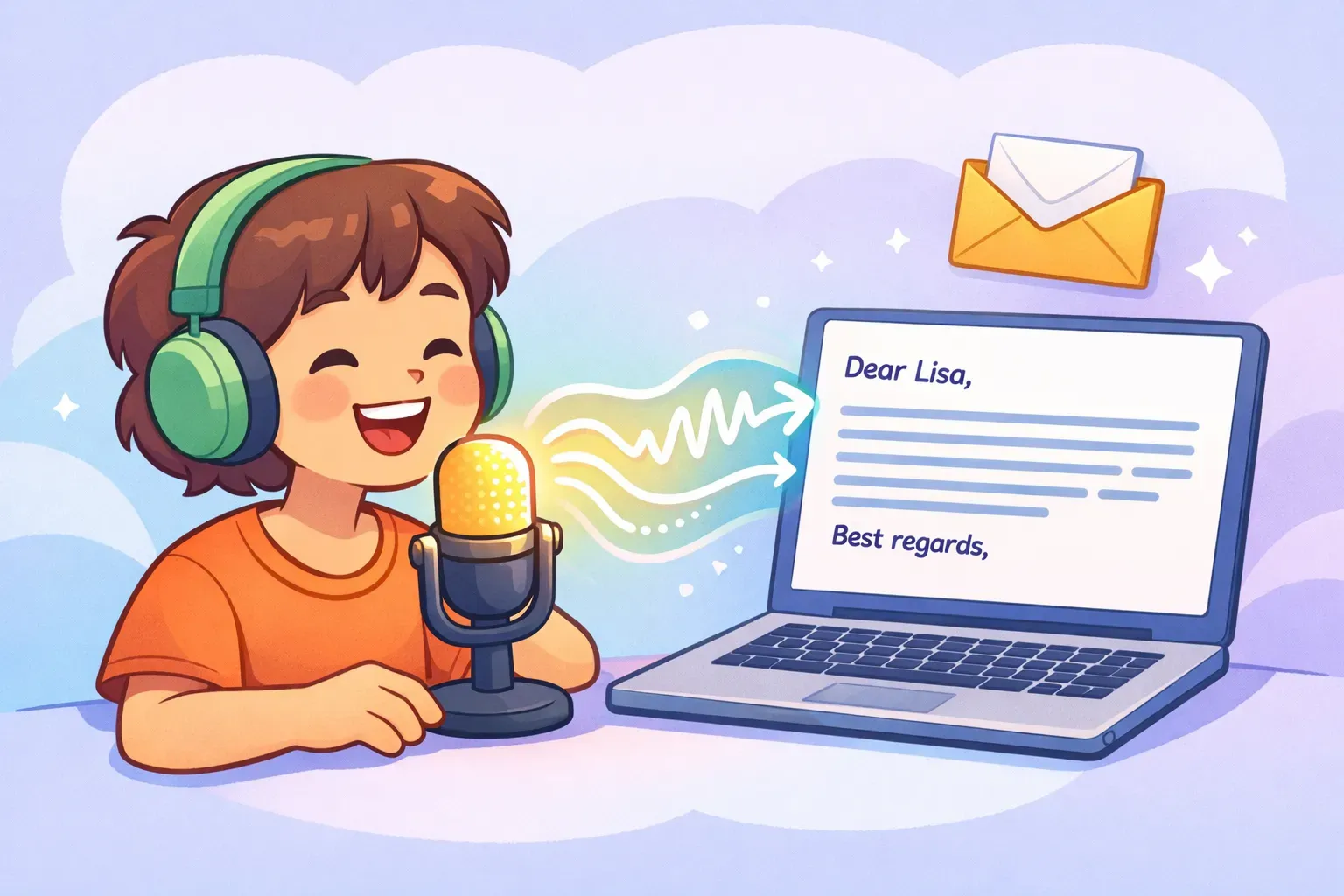 A person speaking into a microphone with sound waves turning into a neatly typed email on a laptop, illustrating voice dictation for email