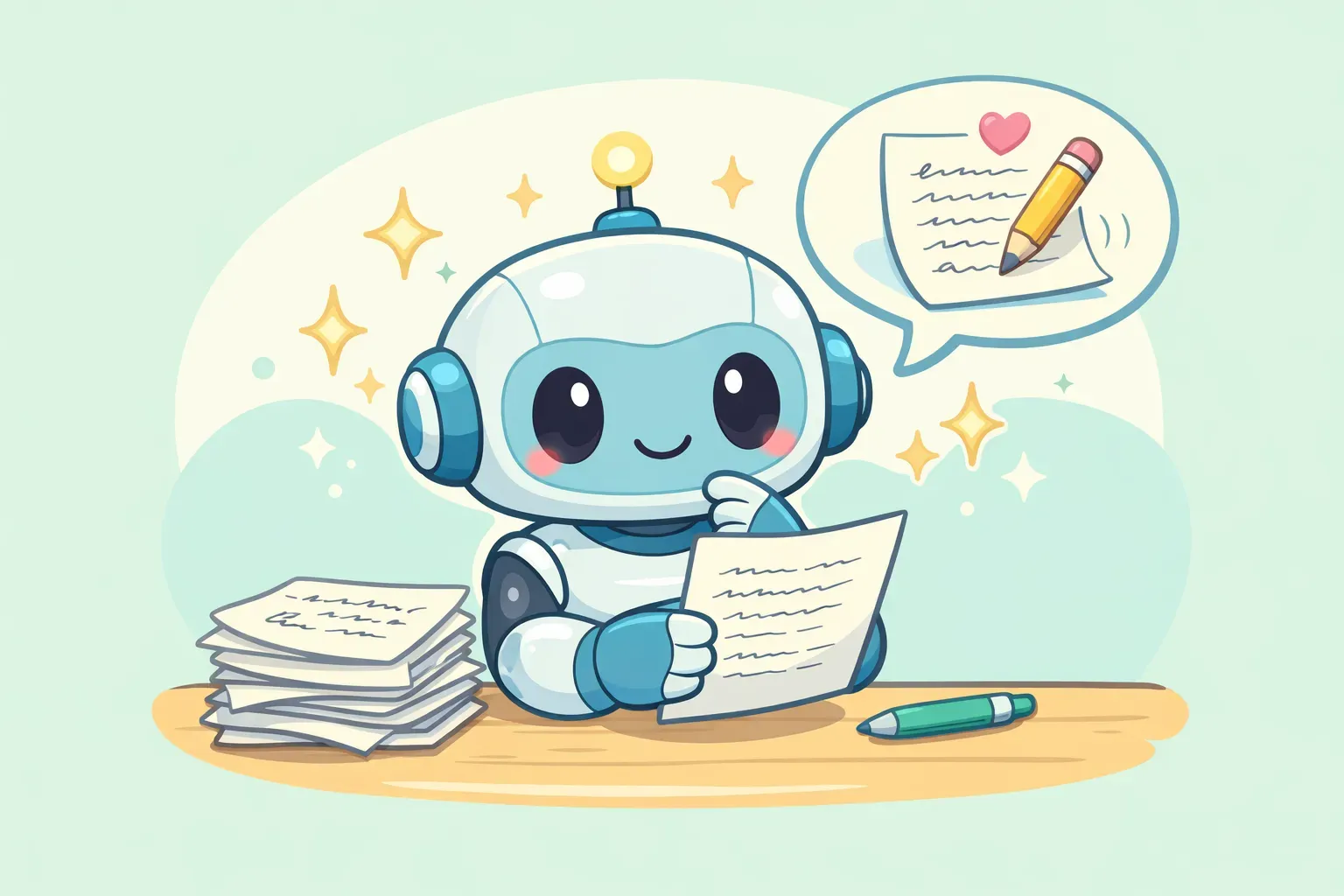 A friendly cartoon robot studying handwritten pages to learn a writer's voice and style