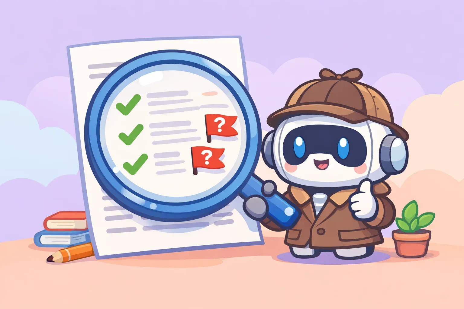 A cartoon robot reviewing a document under a magnifying glass, marking facts with checkmarks and flags