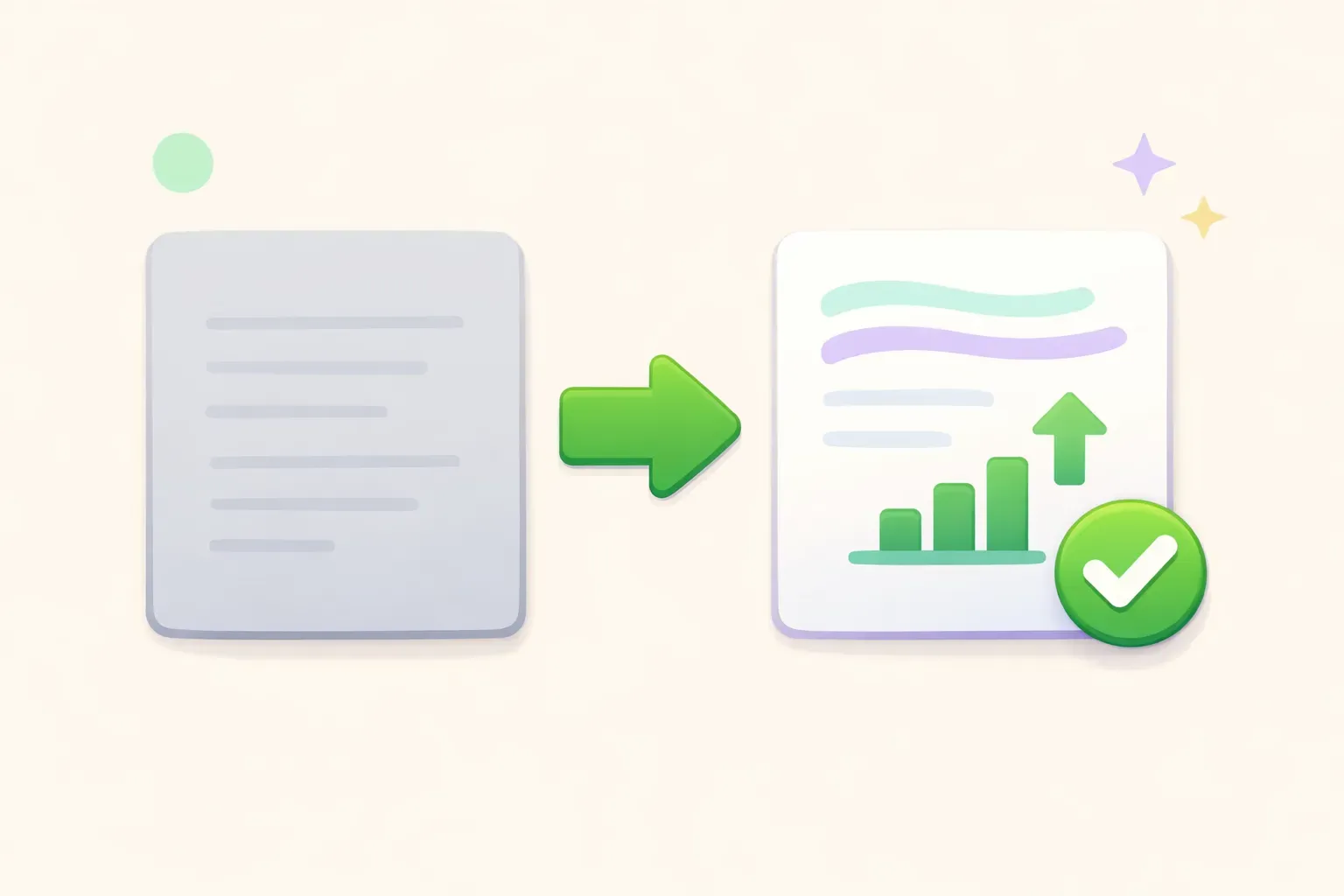 A dull grey resume next to a brighter, improved resume showing a bar chart, an upward arrow, and a green checkmark