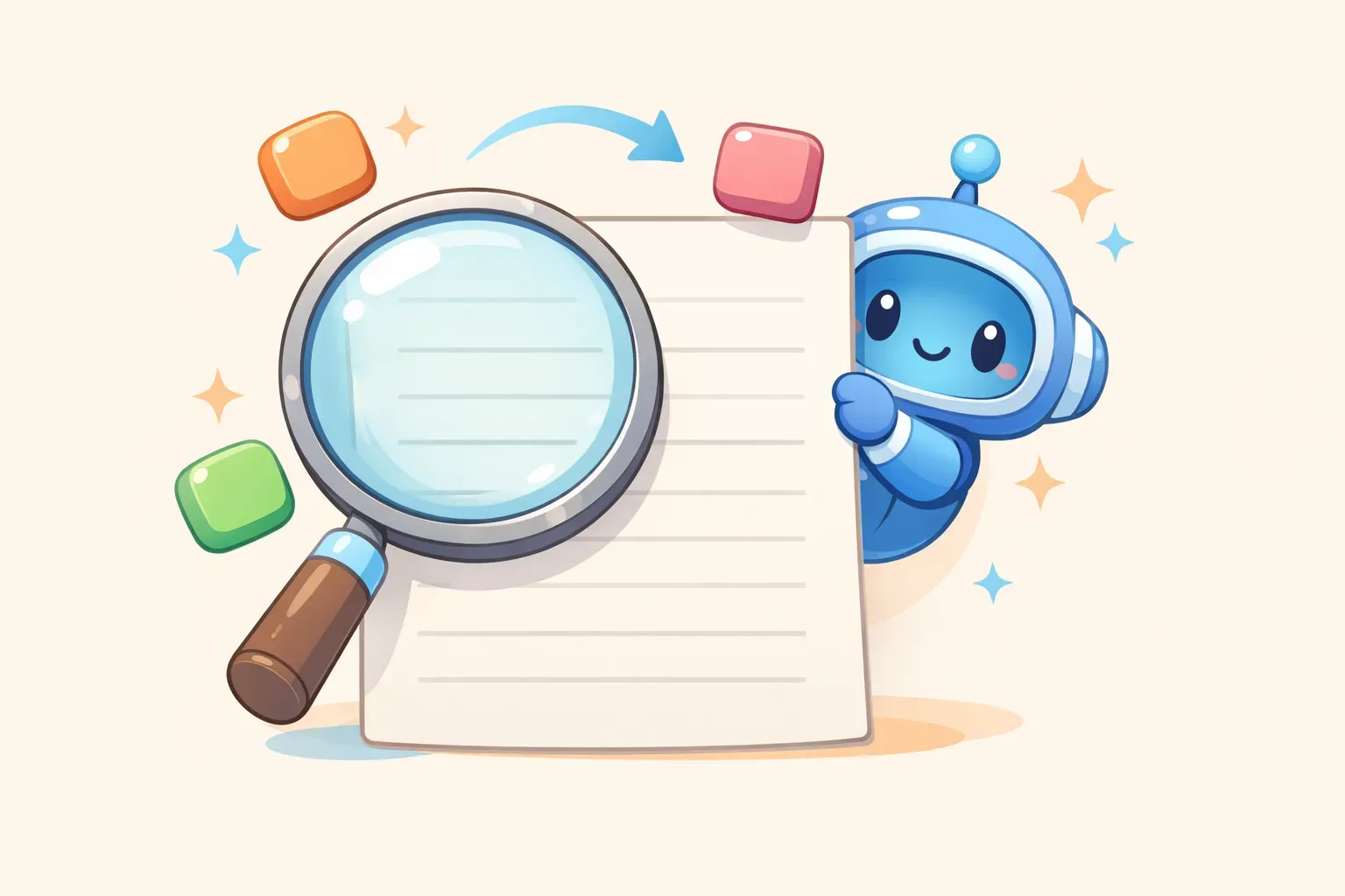 A magnifying glass over a resume with colored word blocks being swapped out, and a friendly robot peeking from behind the page