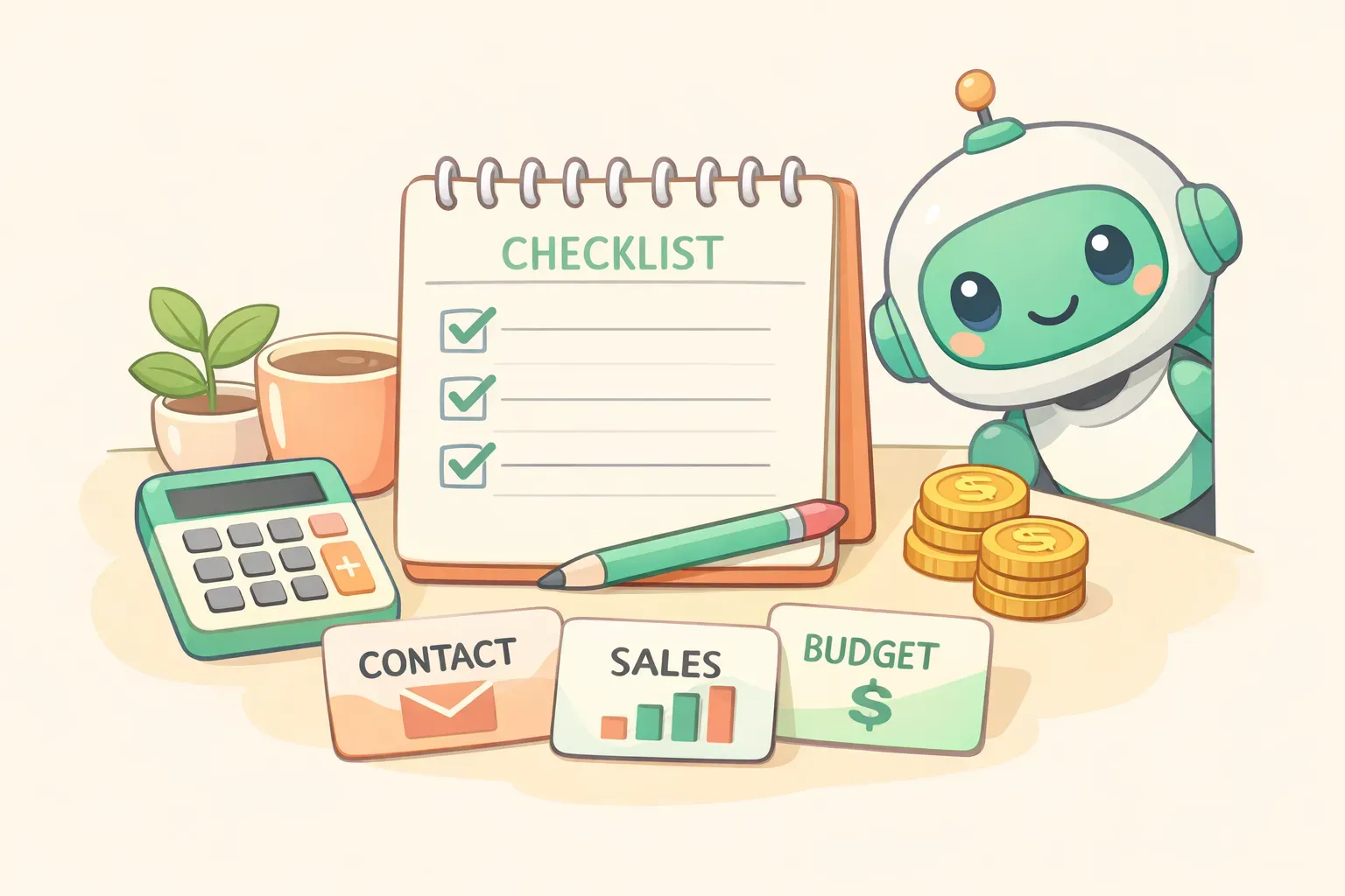 A tidy desk with a checklist, calculator, coins, and labeled cards representing the business details to gather before writing a plan with AI