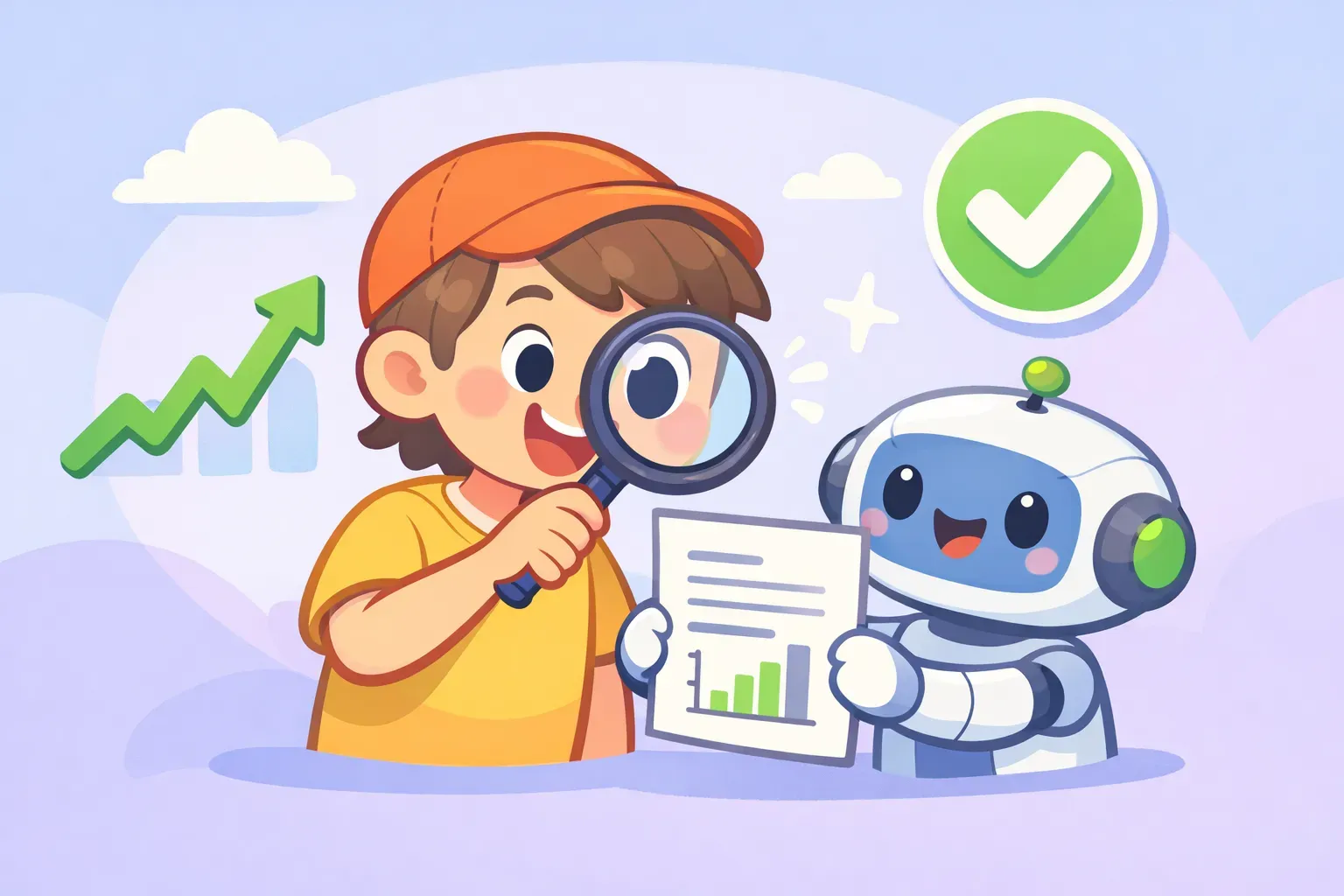 A person using a magnifying glass to review and verify an AI-generated business plan draft handed over by a friendly robot