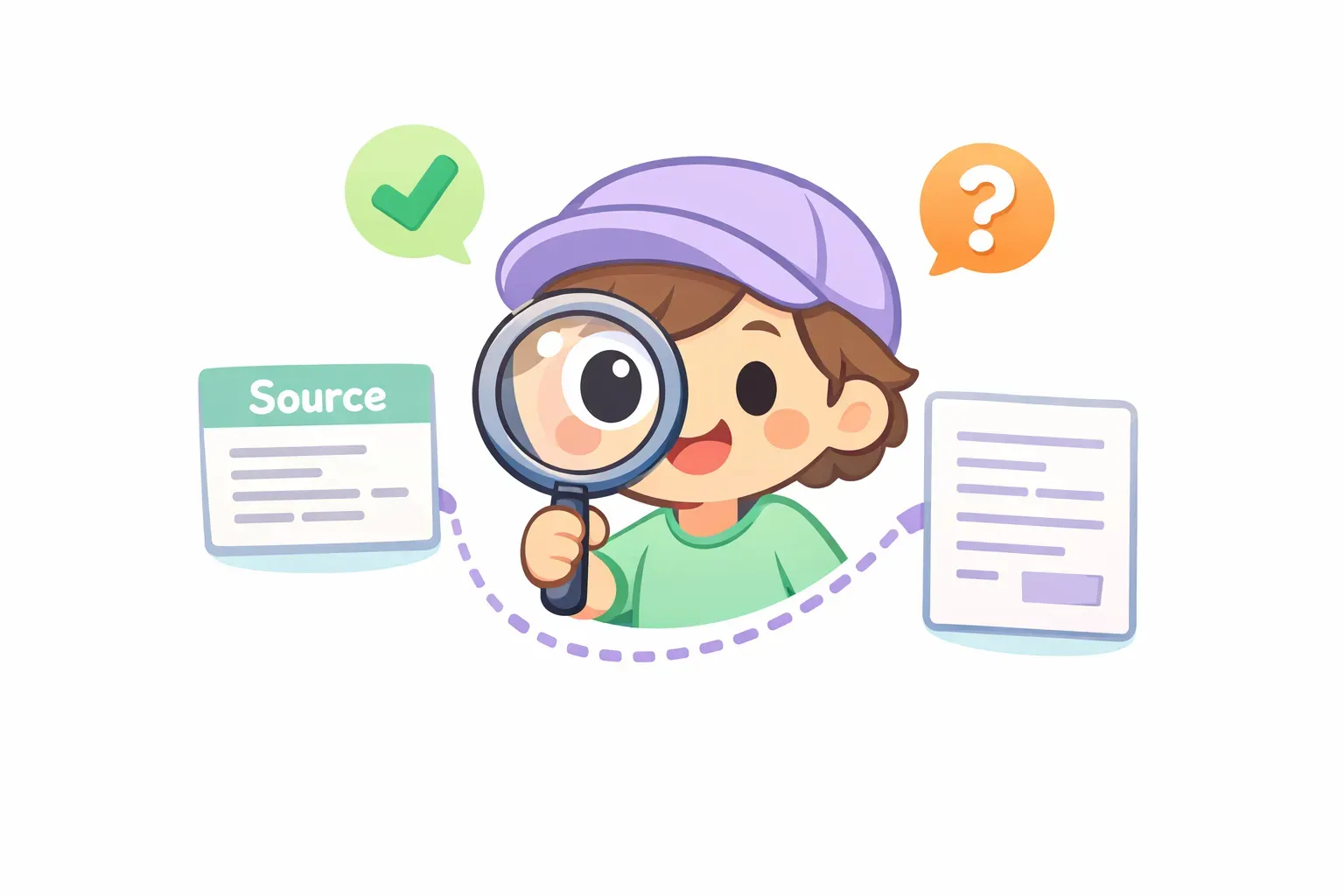 Cartoon character inspecting an AI citation with a magnifying glass, with a green checkmark and an orange question mark