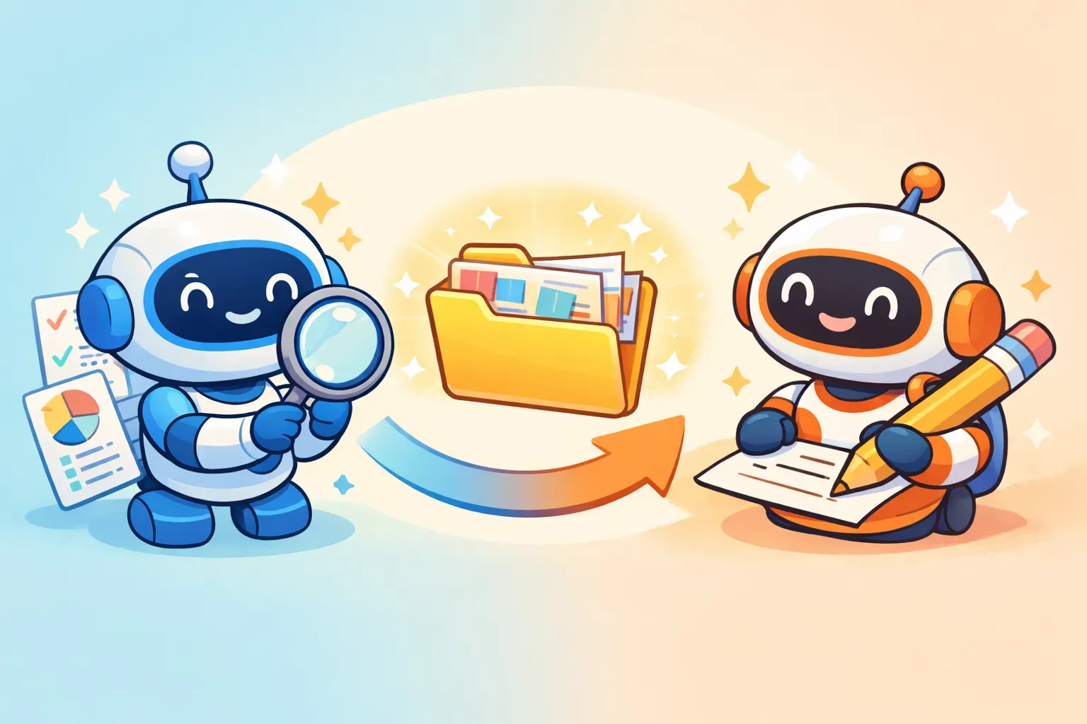 Two cartoon robots passing a folder of organized research notes along an arrow, one with a magnifying glass and one with a pencil